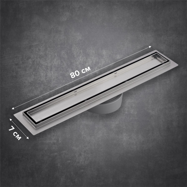 Линейный трап 80х7см, из нерж. стали с горизонтальным выпуском, гидро+сухая защита от запаха, ТЛ-02