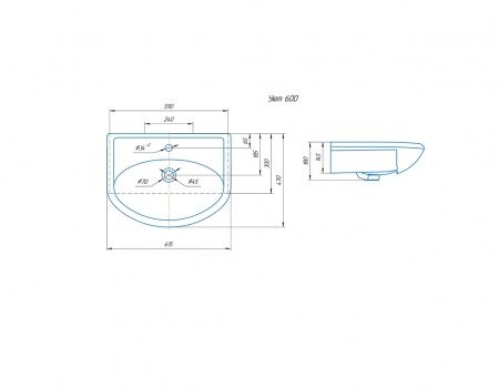 Умывальник мебельный "Уют 600" с переливом, без комплекта, 1 отверстие, белый