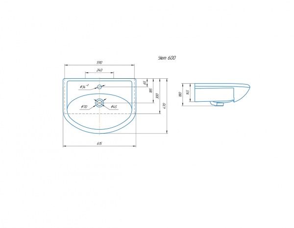 Умывальник мебельный "Уют 600" с переливом, без комплекта, 1 отверстие, белый