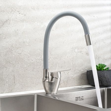 Смеситель РМС для кухни одноручныйгайка,  нерж+серый, нерж.сталь, SUS126GY-016F