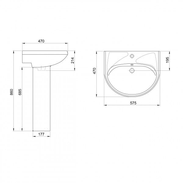 Умывальник "Вест-57" с переливом, без комплекта, 1 отверстие, белый