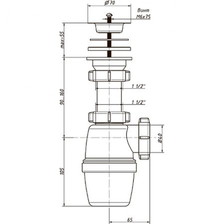Сифон бутылочный, нерж. сетка (70мм) 1 1/2х40 (без трубы)