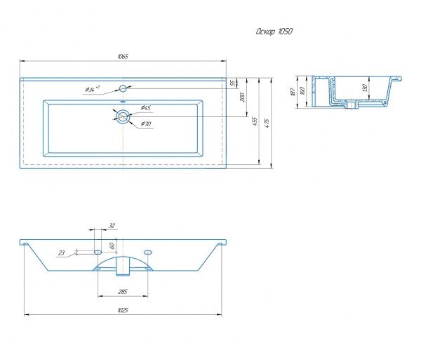 Умывальник мебельный "Оскар-1050" с переливом, без комплекта, 1 отверстие, белый