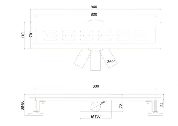 Линейный трап 80х7см, из нерж. стали с горизонтальным выпуском, гидро+сухая защита от запаха, ТЛ-02