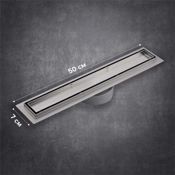 Линейный трап 50х7см, из нерж. стали с горизонтальным выпуском, гидро+сухая защита от запаха, ТЛ-02