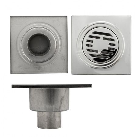 Трап из нежарвеющей стали квадратный 15х15см с вертикальным (прямым) выпуском Ф50 мм САНАКС