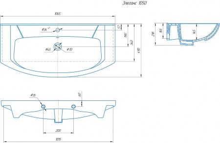 Умывальник мебельный "Элеганс 1050" с переливом, без комплекта, 1 отверстие, белый