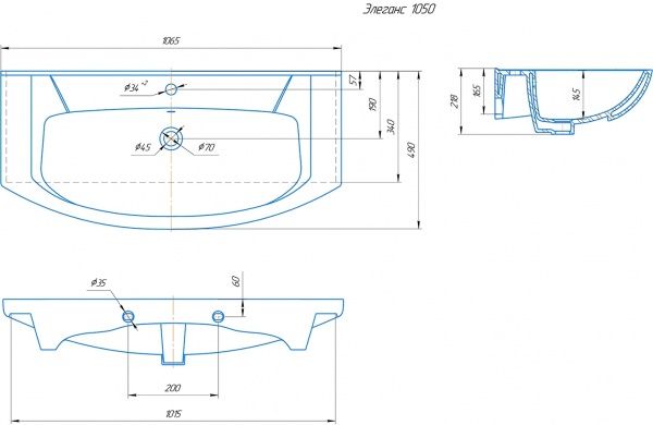 Умывальник мебельный "Элеганс 1050" с переливом, без комплекта, 1 отверстие, белый