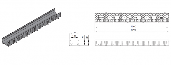 Лоток водоотв ТОР 12,5*8 ДN100, пластиковый со стальной оцинкованной решеткой (комплект), до 1,5тн