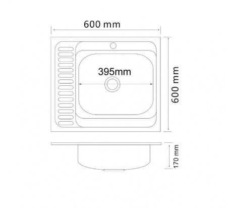 Мойка нержавеющая накладна 60х60 (0,6мм) выпуск 1 1/2",  глубина 17см Левое крыло