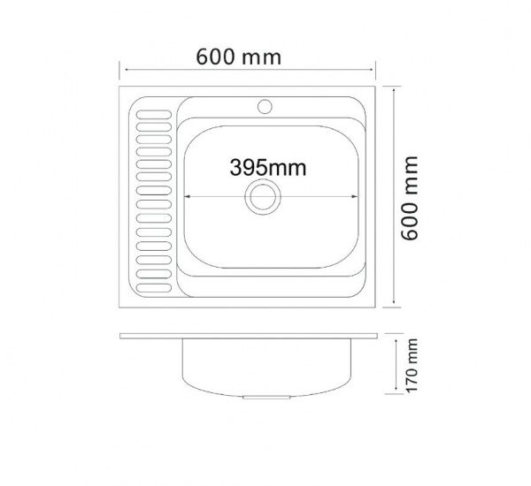 Мойка нержавеющая накладна 60х60 (0,6мм) выпуск 1 1/2",  глубина 17см Левое крыло