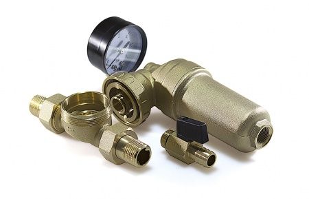 Фильтр промывной свободного вращения 1/2" (метал.колба, кран 3/8"+ штуцер, американки, манометр)