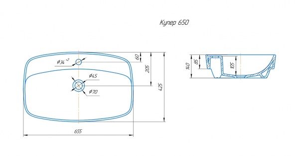 Умывальник мебельный "Купер-650" без перелива, без комплекта, 1 отверстие, белый