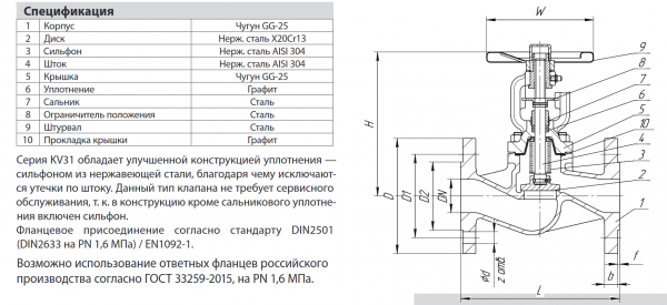 Вентиль KV31-050, Ду 50,  Ру-16,  Тмакс-300 °C (чугунный, фланцевый, сильфонное уплотнение)