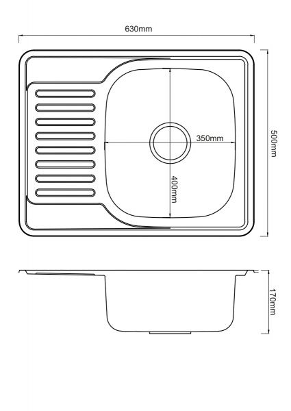 Мойка нерж. врезная прямоугольная ЛЕВОЕ крыло, РМС, MG6-6350R(0,6), 630х500х170 мм