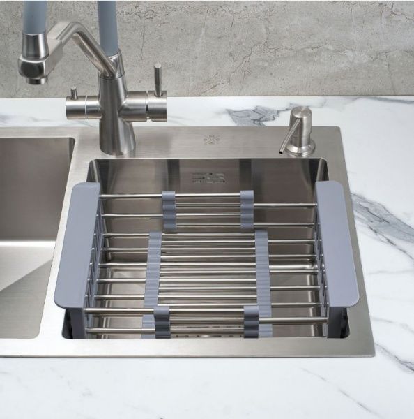 Корзина раздвижная для кухонной мойки KS-01, цвет серый