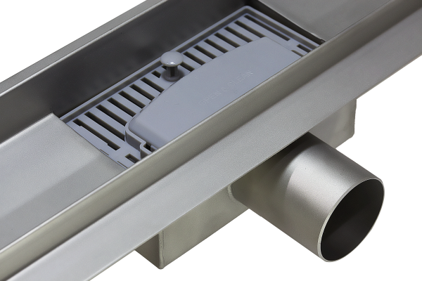 Линейный трап 85х7см, из нерж. стали с горизонтальным выпуском, гидро+сухая защита от запаха, TIM