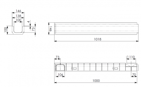 Лоток водоотводный Standart 14,6*10 DN100, пластиковый, нагрузка до 25т (ДхШхВ-1000х146х100мм)