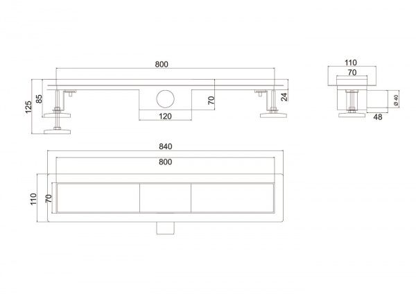 Линейный трап 80х7см, из нерж. стали с горизонтальным выпуском, гидро+сухая защита от запаха, ТЛ-01
