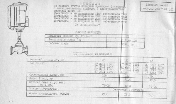 Вентиль 15кч892п3М (СЗ 21087) Ду 25   (220В, переменный ток)