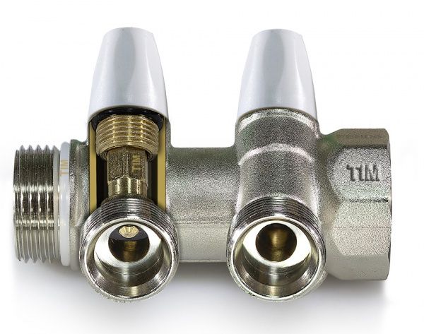 Коллектор вентильный регулирующий под 45", ВР 3/4" - 2х16 с цангами ф16, красные/синие