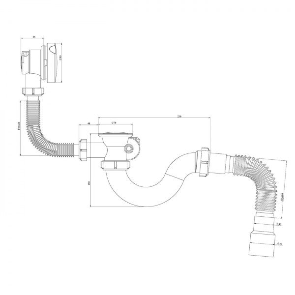 Сифон для ванны, ПОЛУАВТОМАТ (70мм) 1 1/2х40, регулируемый, гибкая труба 40/50 (400мм)