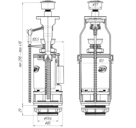 Узел выпуска бачка унитаза, 2 кнопка, пластик/хром