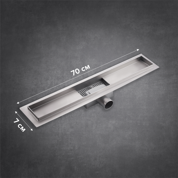 Линейный трап 80х7см, из нерж. стали с горизонтальным выпуском, гидро+сухая защита от запаха, ТЛ-03