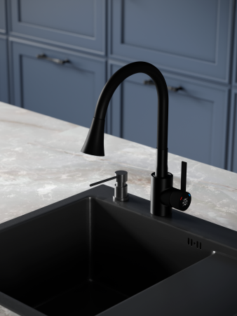 Смеситель РМС для кухни одноручный гайка, черный, нерж.сталь, SUS123TBL-016F