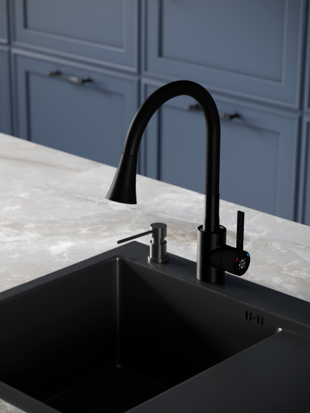 Смеситель РМС для кухни одноручный гайка, черный, нерж.сталь, SUS123TBL-016F