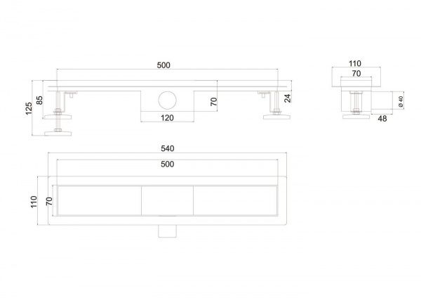 Линейный трап 50х7см, из нерж. стали с горизонтальным выпуском, гидро+сухая защита от запаха, ТЛ-01