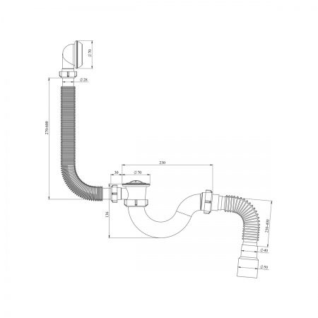 Сифон для ванны, пластиковая сетка (70мм) 1 1/2х40, S-тип, перелив 70мм,  гибкая труба 40/50 (400мм)
