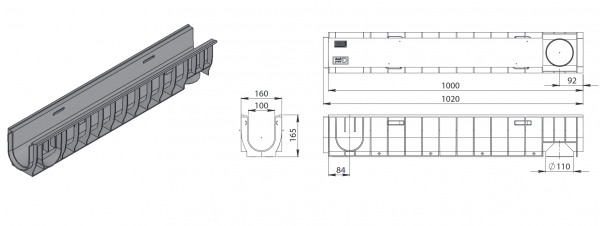 Лоток водоотводный Standart 16*16 DN100, пластиковый, нагрузка до 25т (ДхШхВ-1000х160х165мм)