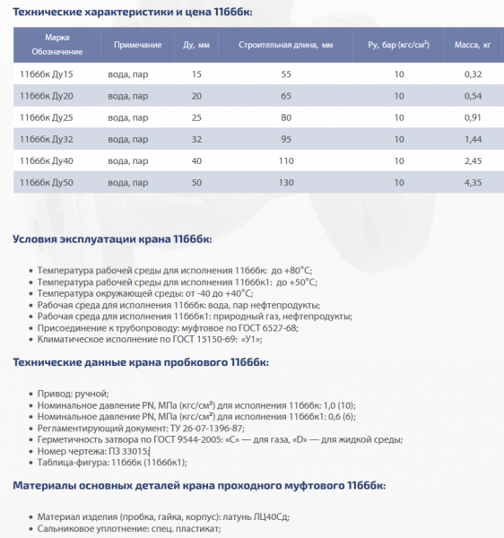 Кран латунный, пробковый 11б6бк1 (Газ) Ду 20