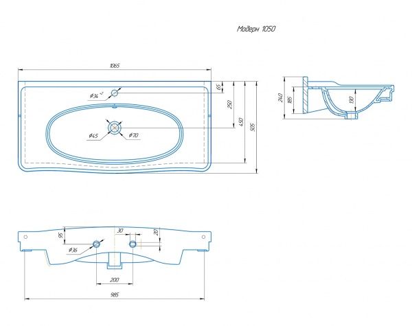 Умывальник мебельный "Модерн-1050" с переливом, без комплекта, 1 отверстие, белый