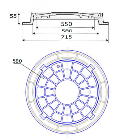 Люк чугунный, легкий Л (А15)-1-60, 4-х ушковый (К.1-60 ГОСТ 3634-2019)