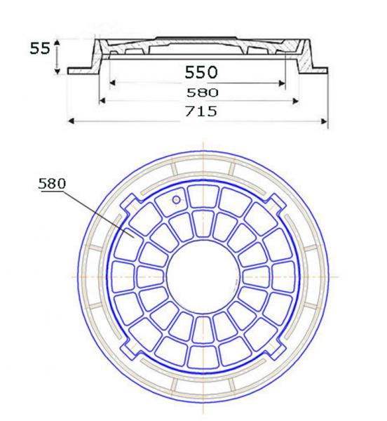 Люк чугунный, легкий Л (А15)-1-60, 4-х ушковый (К.1-60 ГОСТ 3634-2019)