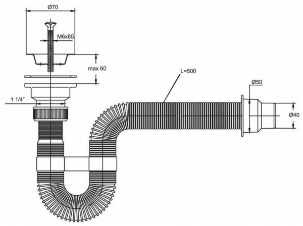 Сифон для поддона, нерж.сетка (70) 1 1/4"-40/50 с затяжкой (500мм)