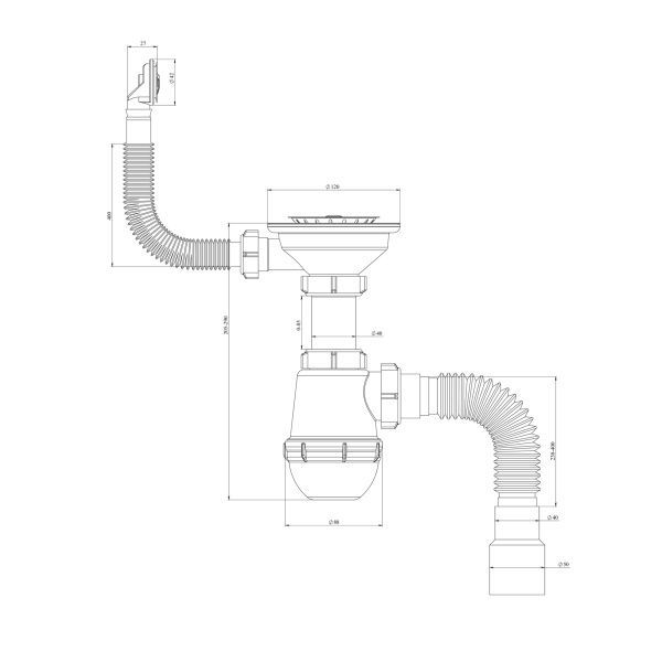 Сифон бутылочный, нерж. сетка 3 1/2х40 перелив КРУГЛЫЙ, гибкая труба 40/50 (400мм)