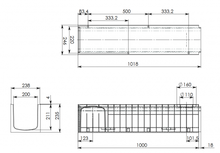 Лоток водоотводный Standart 24,6*23,5 DN200, пластиковый, нагрузка до 25т (ДхШхВ-1000х246х235мм)