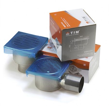 Трап из нежарвеющей стали квадратный 10х10см с горизонтальным (угловым) выпуском Ф50 мм TIM