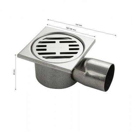 Трап из нежарвеющей стали квадратный 10х10см с горизонтальным (угловым) выпуском Ф50 мм САНАКС