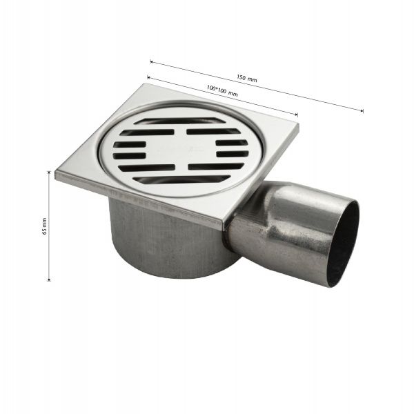 Трап из нежарвеющей стали квадратный 10х10см с горизонтальным (угловым) выпуском Ф50 мм САНАКС