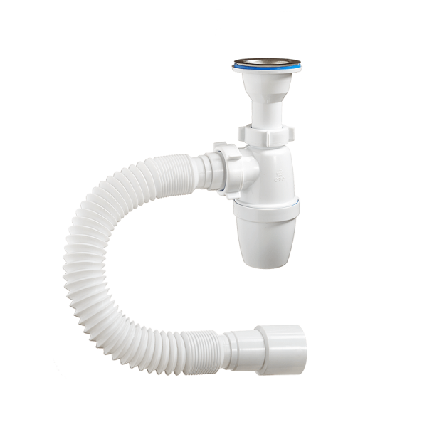 Сифон бутылочный, малый, литой выпуск, нерж. сетка (70мм) 1 1/2х40 гибкая труба 40/50 (650мм)