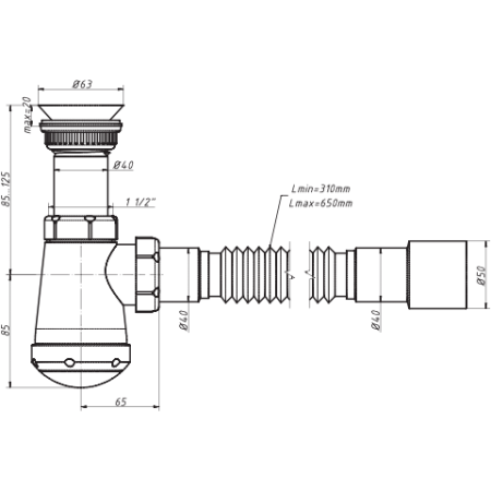 Сифон бутылочный, пластиковый выпуск (63) 1 1/2"х40 с гибкой трубой 40/50 (650мм)