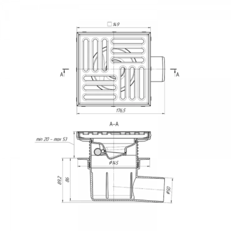 Трап РР канализационный горизонтальный 50 (150х150) НЖ решетка регулируемая СУХОЙ