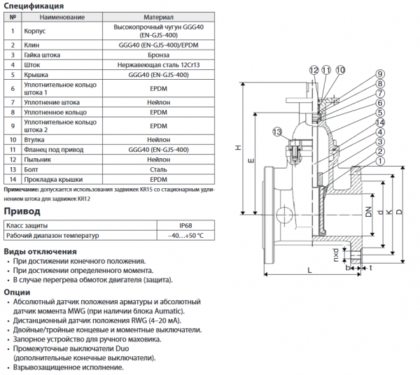 Задвижка "Гранар" серии KR15, Ду 50, Ру10/16,   с электроприводом SA, обрезиненная, красная