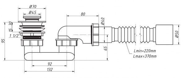 Сифон для поддона, нерж.сетка (70) 1 1/2"х40, плоский, с гофро-трубой 40х50 (370мм),клик-клак