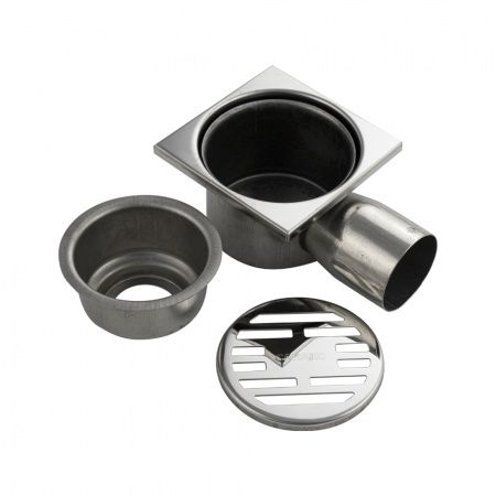 Трап из нежарвеющей стали квадратный 10х10см с горизонтальным (угловым) выпуском Ф50 мм САНАКС