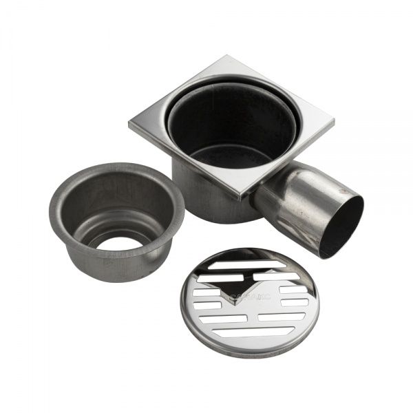 Трап из нежарвеющей стали квадратный 10х10см с горизонтальным (угловым) выпуском Ф50 мм САНАКС